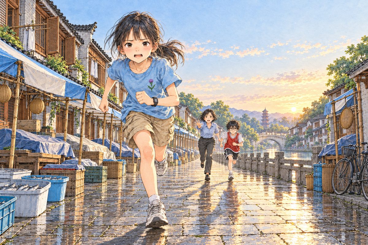 Early morning, low gold sun at the far end of the old grey-brick street, all the market stalls still shut, the wet paving shining. Xiaoyu runs towards us down the middle of the street, the clearest and largest figure, ponytail flying, fists pumping, face set and desperate. Far behind her, small, Mama starts to run, one arm out as if to call her back, and Haoran runs beside Mama. Long shadows. No other people. The pale sky above the roofs is the quiet area. No writing anywhere.