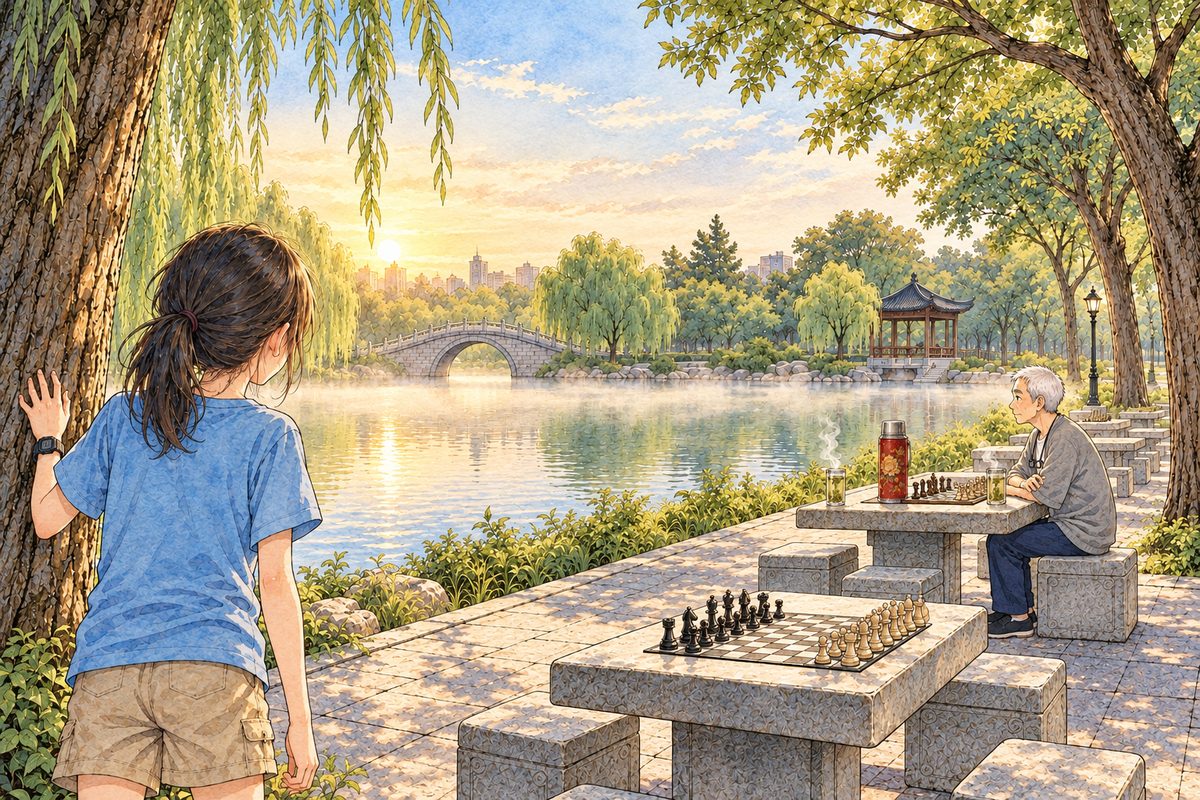 Early morning, about a quarter to seven: the sun is just over the willows, low and gold, and a thin white mist lies on the lake. The row of square stone chess tables under the trees is empty except the end table, where Grandpa sits alone, small but clear in a shaft of gold light, back straight, very still, on the RIGHT side of the table facing LEFT along the lake path. On the table the Western chessboard is set up in the starting position, two tall clear glasses of pale green tea stand steaming, one at his side and one at the EMPTY seat opposite him, and his red-and-gold flowered thermos stands by the board. In the near ground on the left Xiaoyu has stopped running, seen from behind, out of breath, one hand on a willow trunk. Glasses on the cord at his chest. The misty lake and pale sky are the quiet area. No other people.