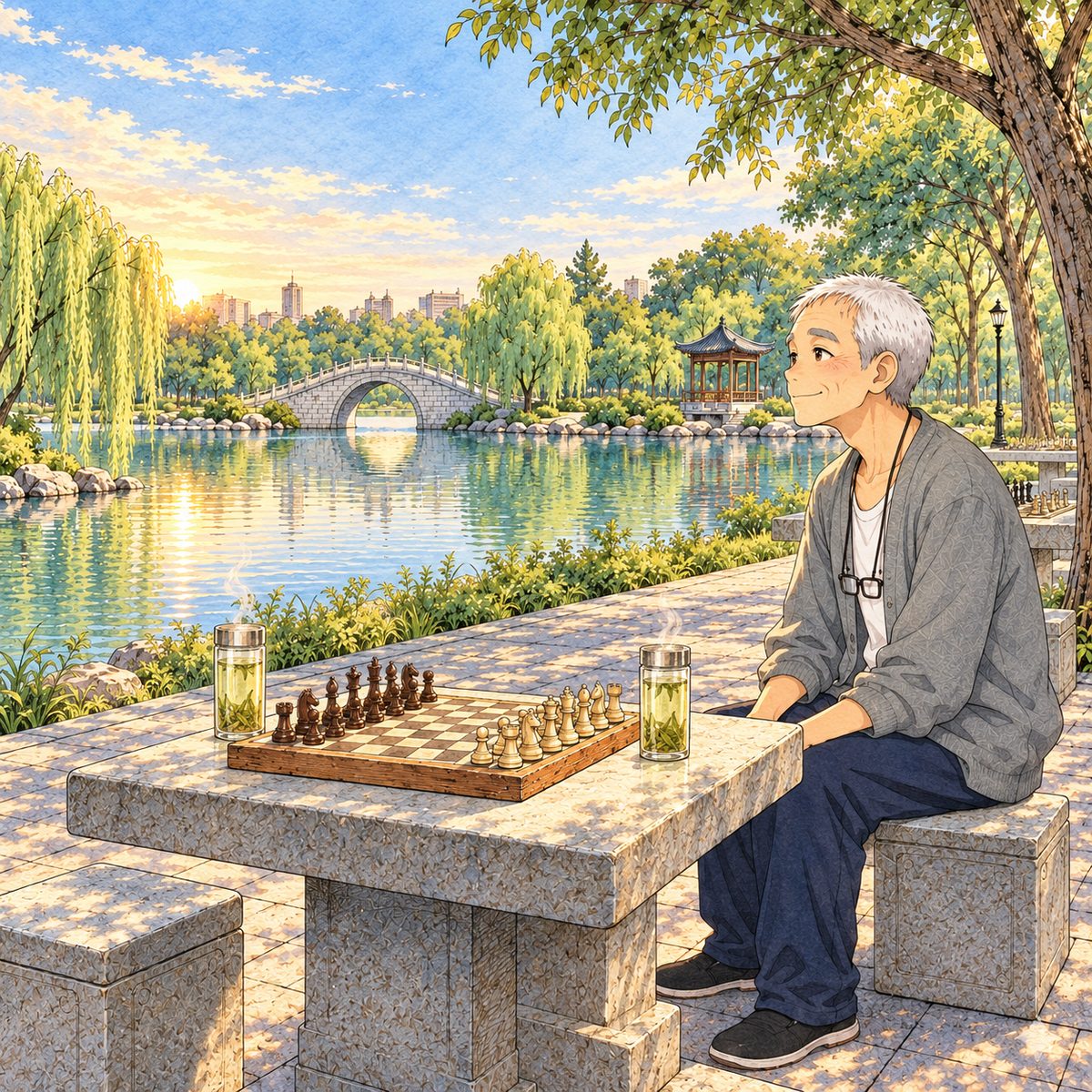 Early morning (the same time as the panel before), low gold sun on his face. Grandpa sits on the RIGHT side of the stone table, facing LEFT, his hands resting on his knees, calm and content, a little expectant, looking along the lake path to the left, waiting. In front of him the set-up board and two steaming tall glasses of green tea, one by his hand and one by the empty stone stool opposite. His cardigan's right pocket is on his far side, NO notebook showing. Glasses on the cord at his chest, NOT on his face. The willow shade above is the quiet area.