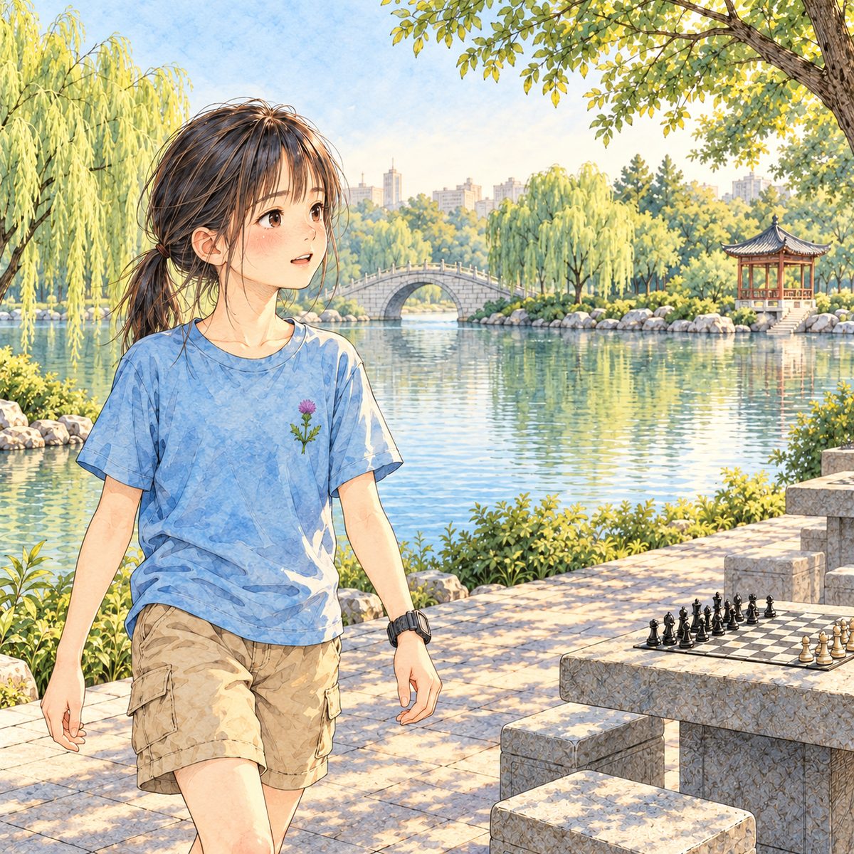 Early morning (the same time as the panel before), low gold sun. Xiaoyu walks up slowly from the LEFT, her breath still fast, her face full of relief and care, looking RIGHT towards Grandpa off panel; she speaks gently. The misty lake behind her is the quiet area.