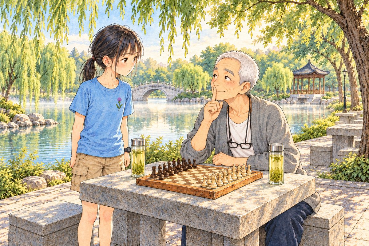 Early morning (the same time as the panel before), low gold sun, mist on the lake. Grandpa, seated on the right, looks up at Xiaoyu on the left with a happy secret on his face and lifts one finger to his lips, shh. Xiaoyu stands by the empty seat on the left, her head a little above his while he sits, puzzled. The set-up board and the two glasses of tea between them. The willow shade above is the quiet area. No one else.