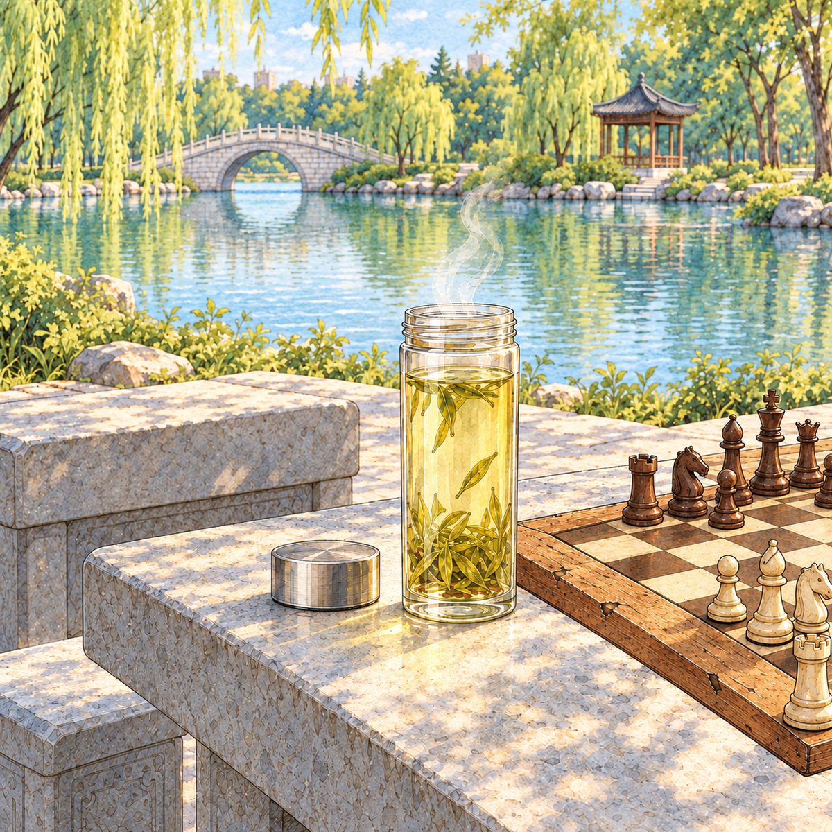 Early morning (the same time as page 16), low gold sun through the willows. Close on the stone tabletop by the empty seat: one tall clear glass of pale green tea, steaming, the leaves turning slowly in it, set neatly at the edge of the chessboard where a second player would sit. The glass is the focal point, gold light through it. The pale stone around it is quiet.