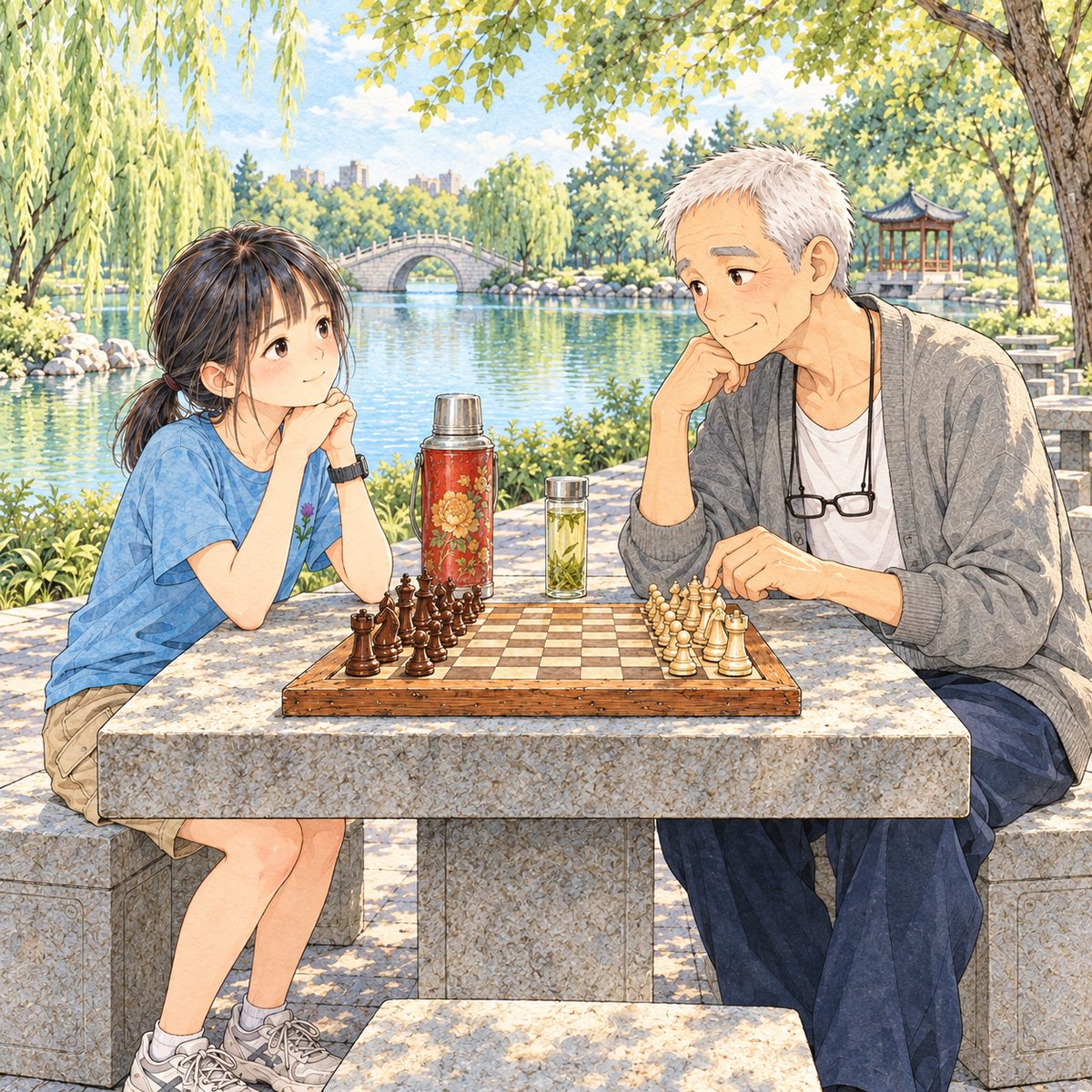 Early morning (the same time as the panel before). Xiaoyu sits down carefully on the empty stone stool on the left, opposite Grandpa, and looks at him across the board, gentle and shy, asking. Grandpa on the right looks back at her, kind, a little hurried, glancing down the path. Seated, her head reaches his shoulder. The set-up board between them, each one's pieces nearest them: Grandpa's cream pieces on his side, Xiaoyu's dark brown pieces on hers. The willows above are the quiet area.