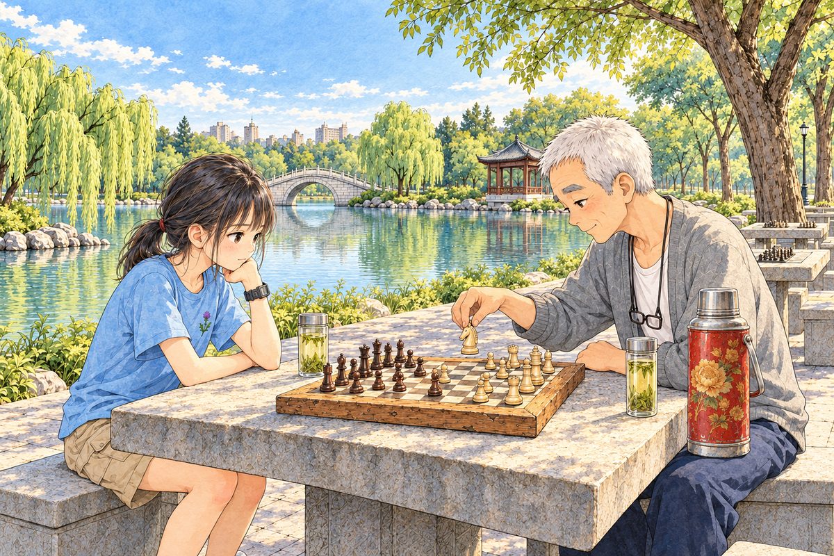 Early morning, the sun a little higher, gold on the board, the mist thinning on the lake. Xiaoyu and Grandpa PLAY CHESS, sitting FACING EACH OTHER across the stone table, the Western 8 by 8 board set square between them, each one's own pieces nearest them, a few moved forward, every piece standing ON a square. Grandpa moves a cream knight, holding it by its top between thumb and finger, calm and absorbed; Xiaoyu watches the board, concentrating, her chin on one fist. The two glasses of tea at the board's edges, the thermos by Grandpa. The willows and sky above are the quiet area. No one else.