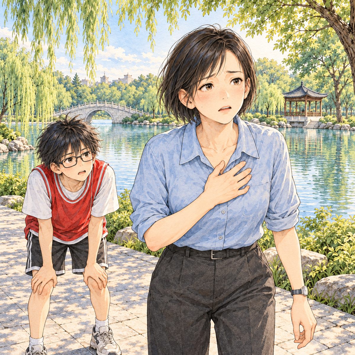 Early morning (the same time as the panel before), low gold sun behind them. Mama has stopped dead on the lake path, out of breath, one hand pressed to her chest, staring RIGHT at the stone table off panel; her face is stunned, then breaking. Haoran, half a step behind her, bends with his hands on his knees, panting, looking up. The willows above them are the quiet area.