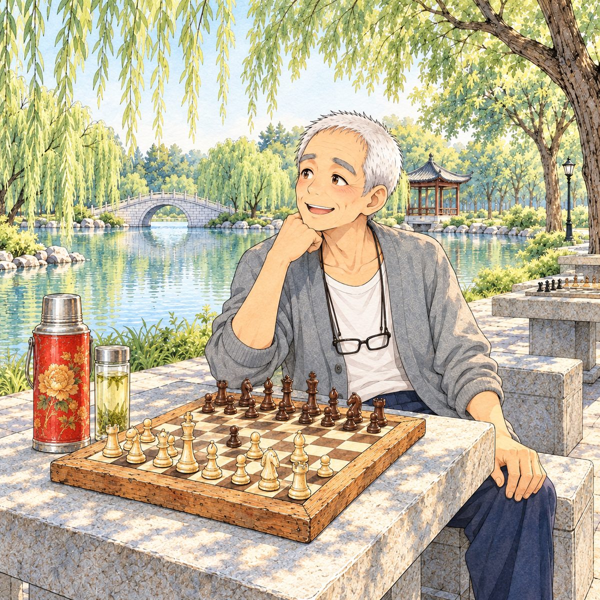 Early morning (the same time as the panel before). Grandpa looks up from the board to the LEFT of the picture, towards Mama off panel, and his face lights with simple delight. His cardigan's right pocket on his far side, NO notebook showing. Glasses on the cord at his chest. The willow shade behind him is quiet.