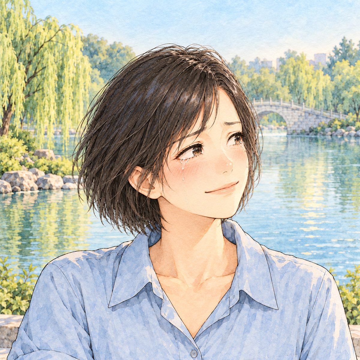 Early morning (the same time as page 17), low gold sun. Mama's eyes fill, and then she chooses: she does not correct him. She steadies, a small brave smile through the tears, looking RIGHT at Grandpa off panel. Her face in the middle of the panel, NOT in the top quarter. The misty lake behind her is plain.
