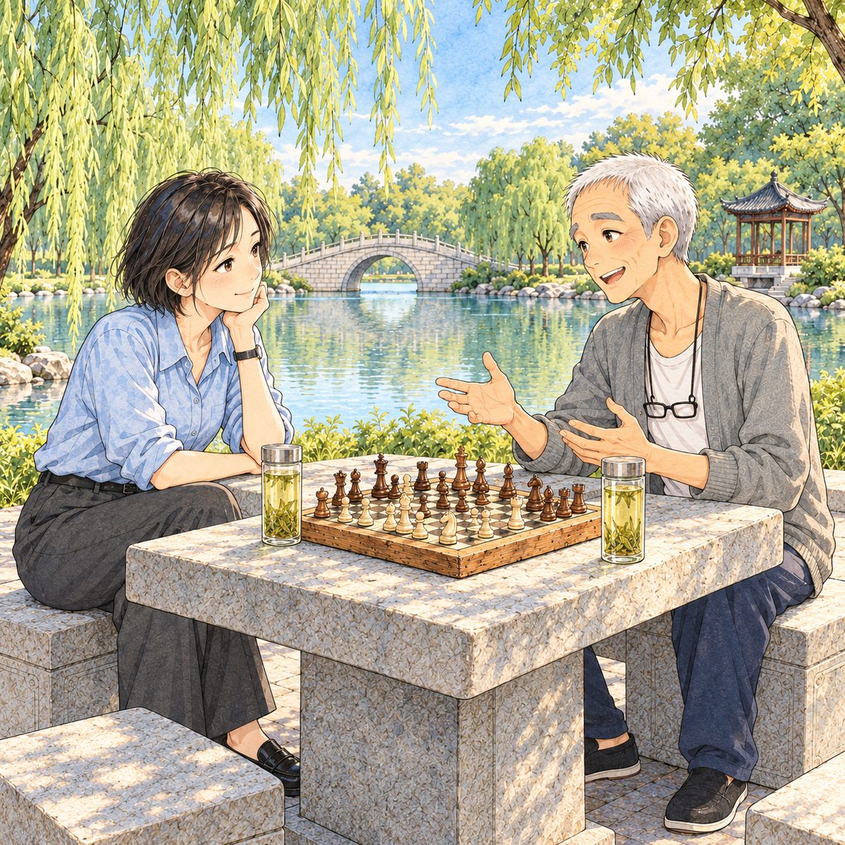 Early morning (the same time as the panel before). Mama sits down on the stone stool at the left end of the table, close to Grandpa; Grandpa, on the right, turns to her, pleased to be asked, his hands opening as he begins the story. Xiaoyu is out of frame. The board and the two glasses of tea between them. The willows above are the quiet area.