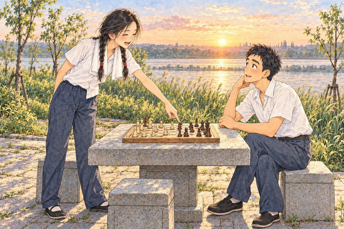 Flashback to a summer sunrise in 1975, soft edges, warm faded colours like an old photo. The SAME square pale grey stone table and stools as today, but NO lake yet: beyond the table a reed bank and the wide river, small trees newly planted. Young Grandpa, nineteen, thick black hair, white short-sleeved shirt, sits on the RIGHT side of the table over a chessboard, looking up, startled and charmed. Young Meilan, nineteen, two long braids, a white towel round her neck after her morning exercises, stands on the LEFT by the table, leaning in and pointing at one of his pieces with one finger, laughing. The sunrise sky over the river is the quiet area. Only these two.