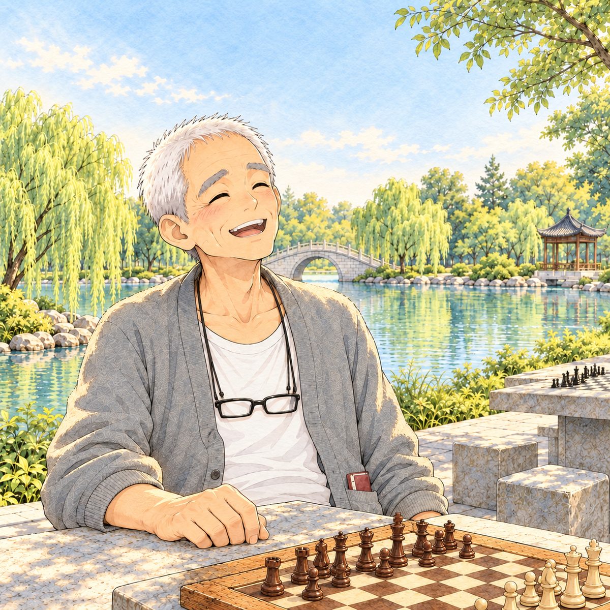 Early morning (the same time as 18.2), low gold sun. Grandpa laughs, head tipped back a little, eyes creased with joy, one big hand on the stone table. Glasses on the cord at his chest. The willows behind are quiet.