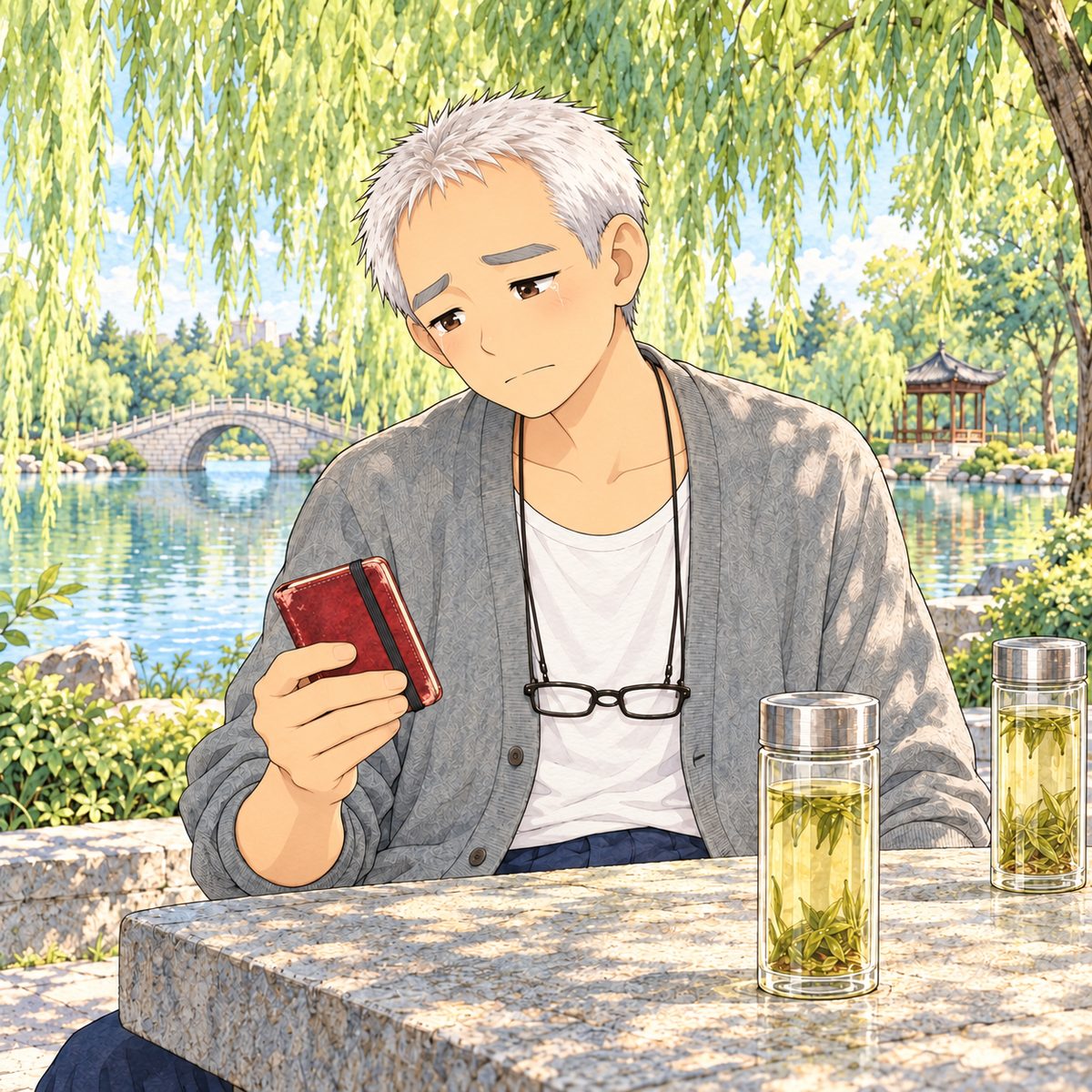 Early morning (the same time as the panel before). The laugh fades. Grandpa has taken the small worn dark red notebook from his RIGHT cardigan pocket and holds it closed in his hand without opening it; he looks from it to the second glass of tea, and his face goes quiet and very sad, understanding, eyes wet. Glasses on the cord at his chest. Plain willow shade behind.