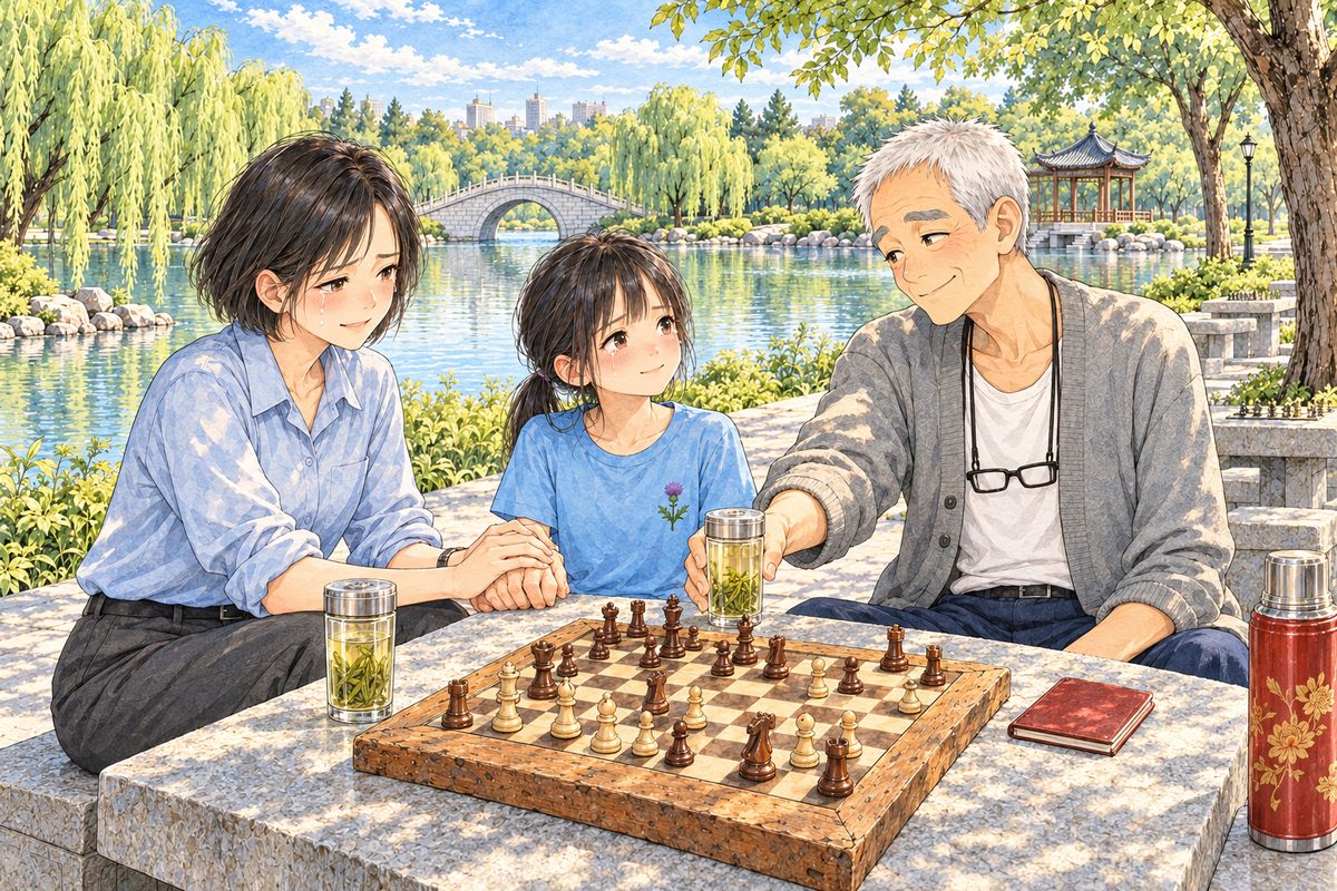 Early morning, the sun higher now, the mist almost gone, clear gold light. Mama, on the left, holds Grandpa's big hand in both of hers on the stone table, crying quietly. Grandpa, on the right, has put the notebook down closed on the table; with his other hand he pushes the second glass of tea across the board's edge towards Xiaoyu, a small wry smile coming back. Xiaoyu, in the middle, sits looking at him, eyes wet. Three clear separate outlines. The willows above are the quiet area. Haoran is out of frame.