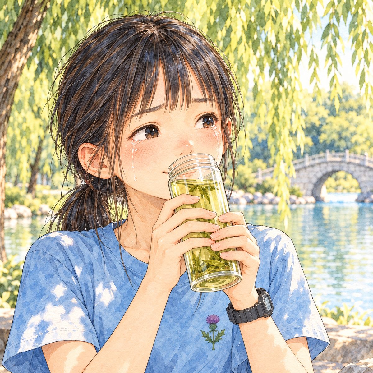 Early morning (the same time as the panel before), gold light. Xiaoyu holds the tall glass of green tea in both hands and drinks, her eyes over the rim looking RIGHT at Grandpa off panel, tears on her cheeks and a smile coming. Her face in the middle of the panel, NOT in the top quarter. Plain willow shade behind.