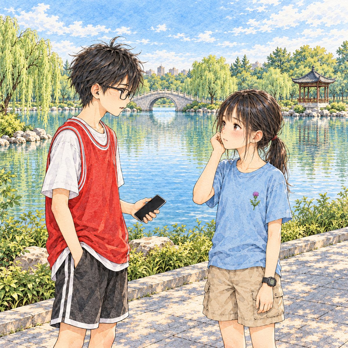 Early morning (the same time as the panel before). A few steps from the table, Haoran stands on the left with his black phone in his hand, screen dark, and speaks to Xiaoyu, honest, a little humbled. Xiaoyu on the right looks left at him, calm, wiping her cheek with the back of one hand. He is half a head taller. His one earbud in his LEFT ear, on the far side of his head here, so the ear we see is bare. The lake behind them is the quiet area.