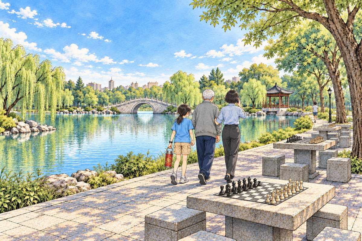 Morning, about half past seven, the sun up over the trees, the lake clear and bright, the mist gone. Seen from behind, small, Grandpa walks home along the lake path between Mama, who holds his arm with one hand and her phone to her ear with the other (telling the police he is found), and Xiaoyu, who carries his red-and-gold thermos by its handle. Xiaoyu reaches Grandpa's chest and Mama's shoulder. Far off on the right, very small, Haoran runs away up another path with his arms pumping. Behind them the stone table is empty, the board still set. The wide morning sky is the quiet area. No other people.