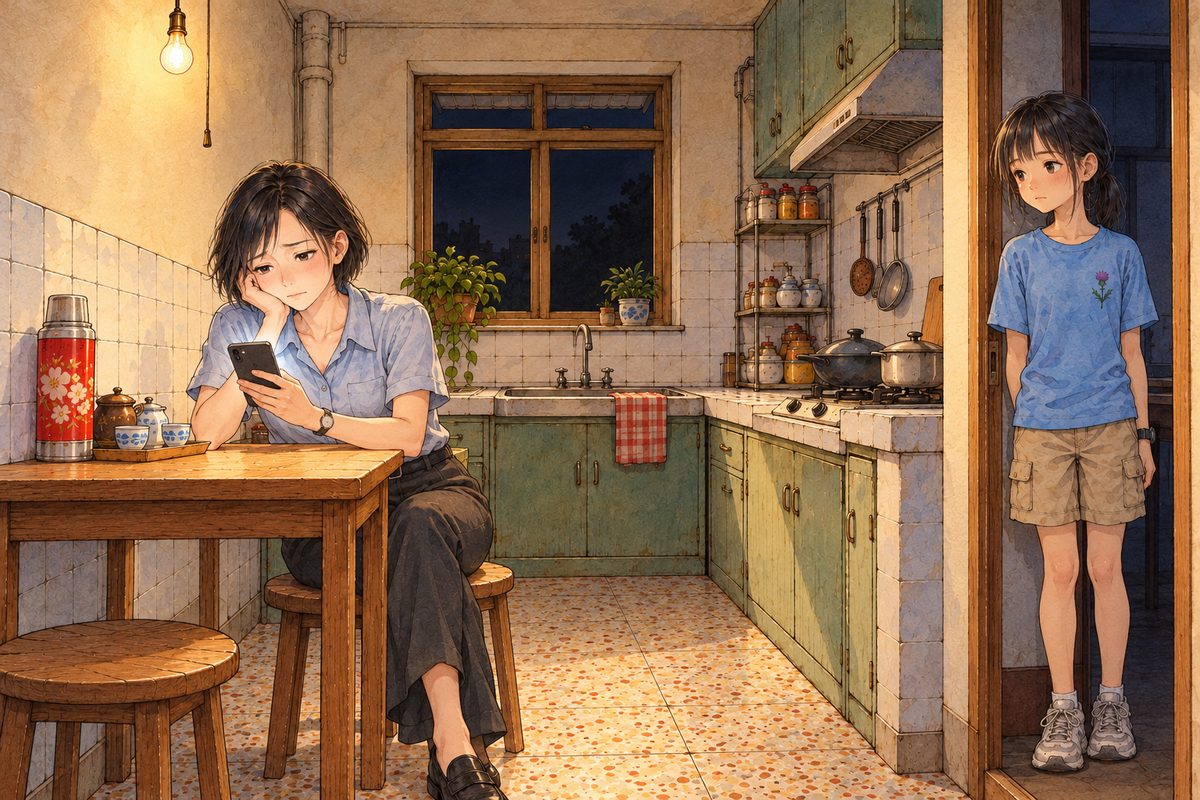 That night. The tiny kitchen under the bare bulb, its warm light on the small square table; the window over the sink black. Mama sits at the table on the left with her black phone in her hand, its screen facing her, its glow on her face; she looks tired and thoughtful. Xiaoyu stands in the doorway on the right, in her faded sky-blue t-shirt, looking left at her. The plain wall above is the quiet area. Only these two.