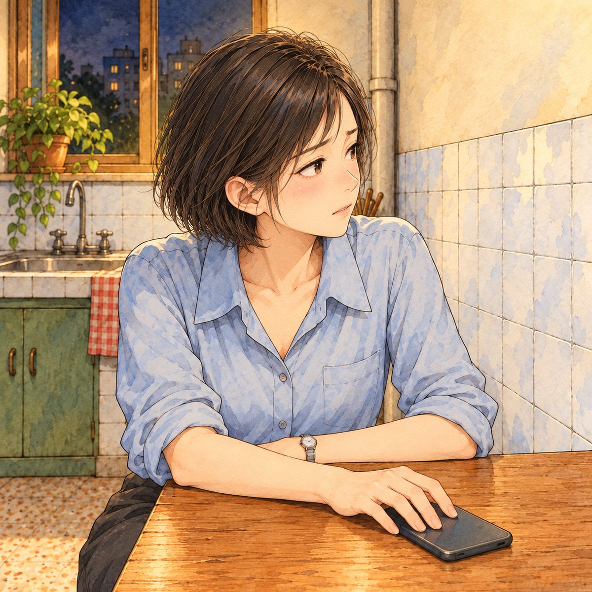 Night (the same time as the panel before), the bare bulb above. Mama lays her phone face down on the table with a small decided tap and looks to the RIGHT at Xiaoyu off panel. Her face in the middle of the panel, NOT in the top quarter. Plain tiled wall behind.