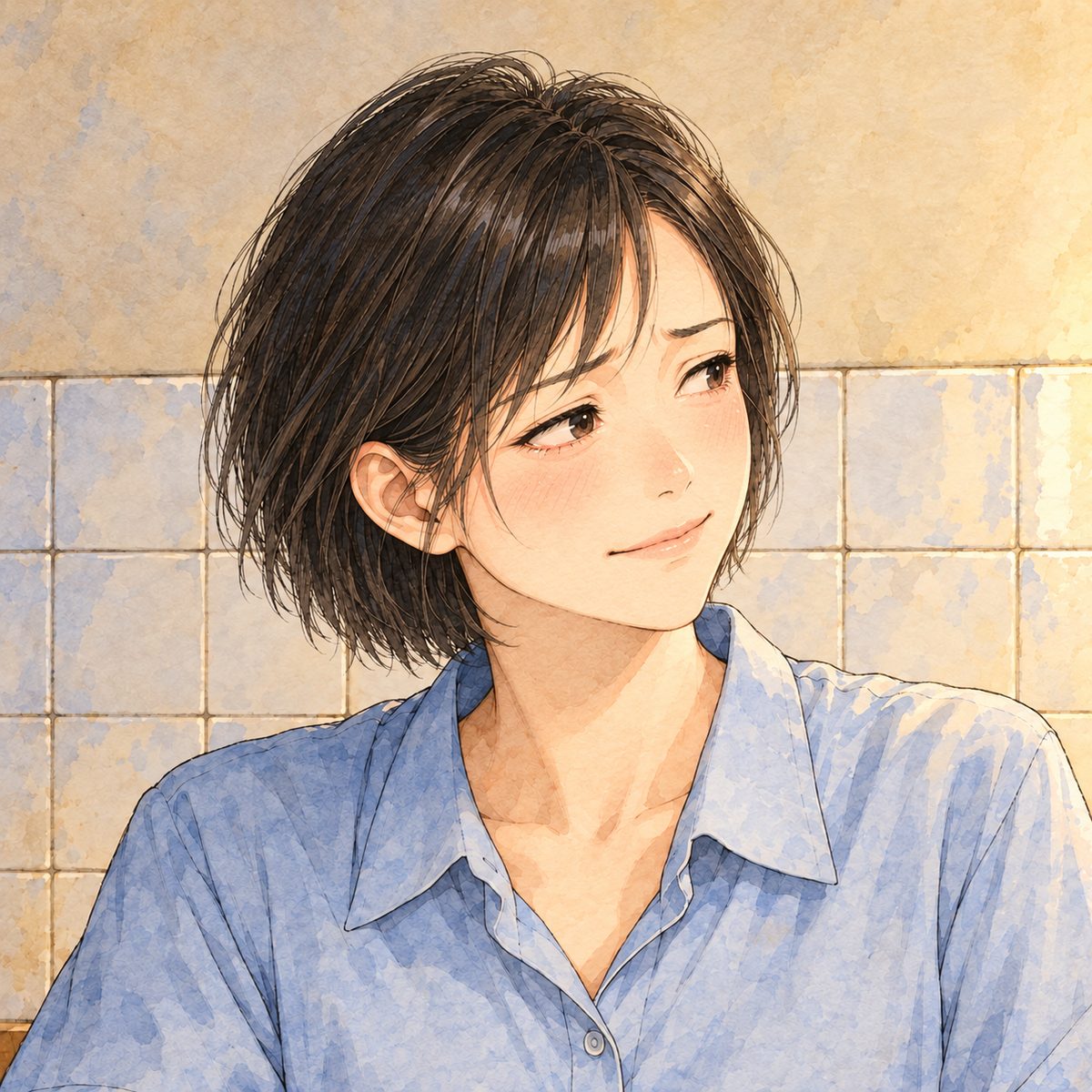 Night (the same time as the panel before). Mama gives a small, wry, tired smile, looking RIGHT at Xiaoyu off panel, her eyes still a little red. Her face in the middle of the panel, NOT in the top quarter. Plain tiled wall behind.