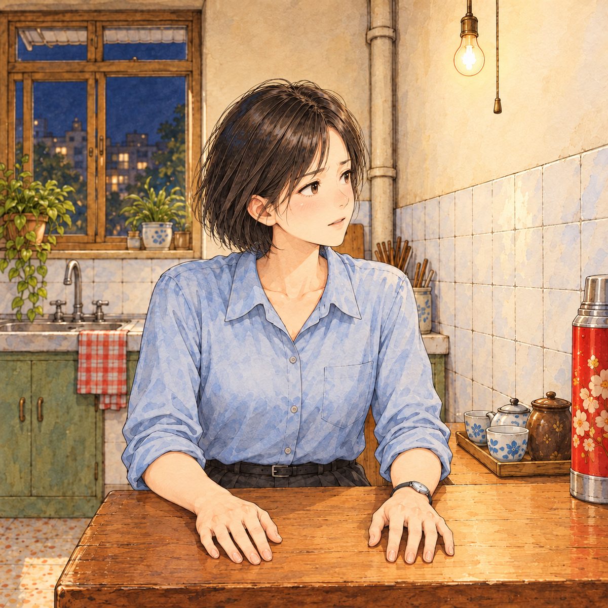 Night (the same time as the panel before). Mama sits up straight, both hands flat on the table, and says it plainly, looking RIGHT at Xiaoyu off panel: her face calm, decided, a little frightened of her own decision. Her face in the middle of the panel, NOT in the top quarter. Plain tiled wall behind.