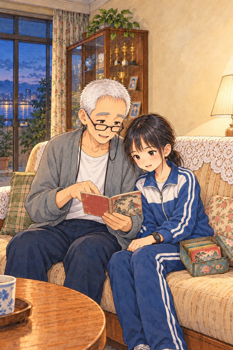 Early autumn evening in Grandpa's living room, one warm lamp lit, the balcony glass dark blue behind. Grandpa and Xiaoyu sit side by side on the beige sofa with its white lace covers, close together, reading ONE small old picture book together: Grandpa on the left, Xiaoyu on the right. Grandpa holds the little book open in his big left hand at chest height, its pages FACING THEM and tilted up towards their faces, so we see the pages only at a steep angle (a black-and-white line drawing on each page above a few grey scribble lines, NOT readable); the forefinger of his right hand rests under one line. His reading glasses are ON his nose, because he is reading; his face is warm, absorbed and pleased. Xiaoyu, in her navy-and-white school tracksuit, leans against his arm, her eyes on the line under his finger, lips moving as she follows, concentrating and happy. The old square biscuit tin of picture books stands open on the sofa beside her, a few more little books inside. Their two faces and the little book in the lamplight are the focal point. The top third is a calm plain cream wall and dark window for the title. No other people.