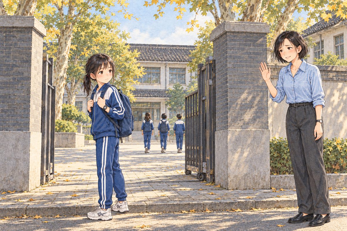 Half past seven in the morning, Monday 7 September, soft early-autumn sun. The gate of an old Bridge City school: two grey-brick gateposts, a sliding metal gate pushed open, three tall plane trees with the first yellow leaves, the low grey-and-white school building behind. Xiaoyu, eleven, in a brand-new navy-blue school tracksuit with white shoulders and white sleeve stripes, a dark blue school bag on both shoulders, stands just INSIDE the gate on the left of the picture and looks back over her shoulder at Mama, gripping both bag straps: small, nervous, brave. Mama, in her pale blue-grey blouse, stands just OUTSIDE the gate on the right, one hand lifted in a small wave, worried and smiling. Far off inside, three other children in the same tracksuit walk away from us, small, seen from behind. No crowd, NOT a sea of children. The sky and the plane trees above are the quiet area. No writing on the gate, the gateposts or anywhere, NO sign board.