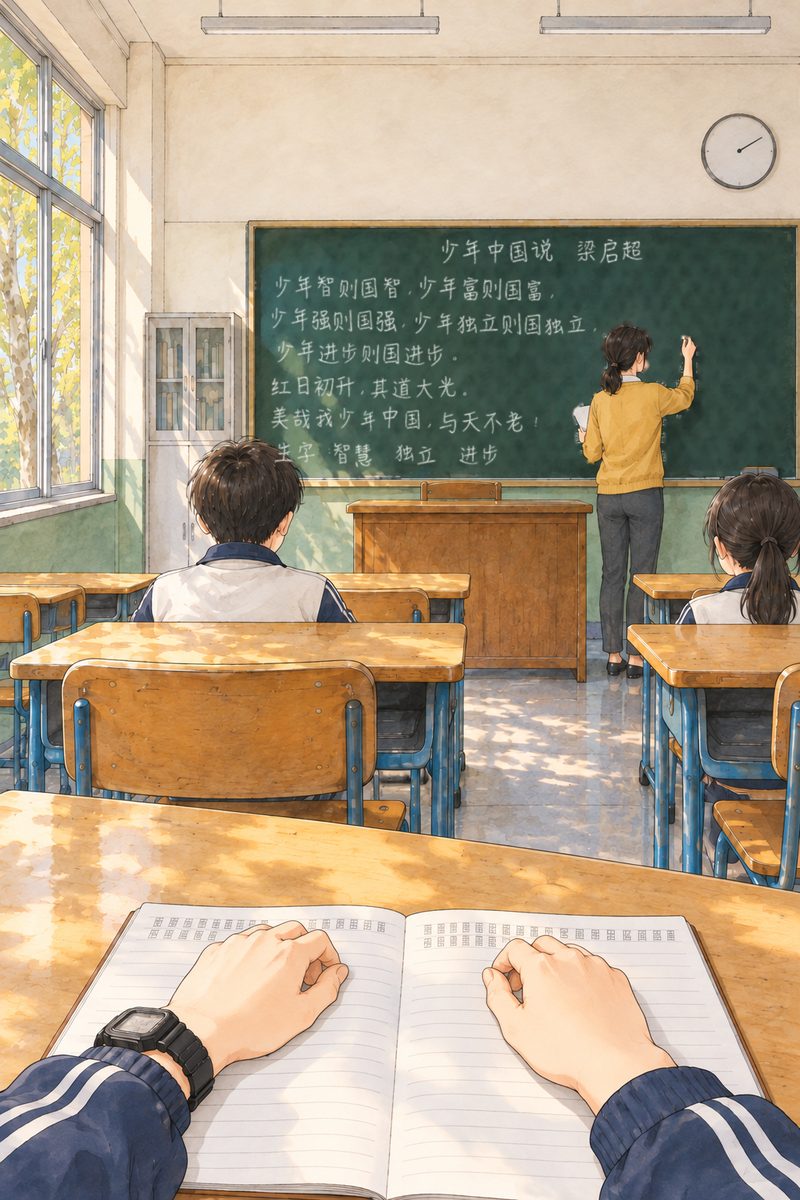 Morning, sun through the windows on the left. From Xiaoyu's seat: her two hands (navy tracksuit cuffs with white stripes, a black digital watch on her LEFT wrist) rest flat on a new exercise book at the bottom of the picture. Ahead, the green blackboard is filled edge to edge with rows of white chalk writing, drawn as dense chalk scribble, NOT readable characters, NOT letters. Teacher Fang, small at the board, writes still more with her back to us. Two classmates' heads in the rows ahead are dark simple shapes from behind. The crowded board is the point; the plain wall strip above the board is the quiet area.