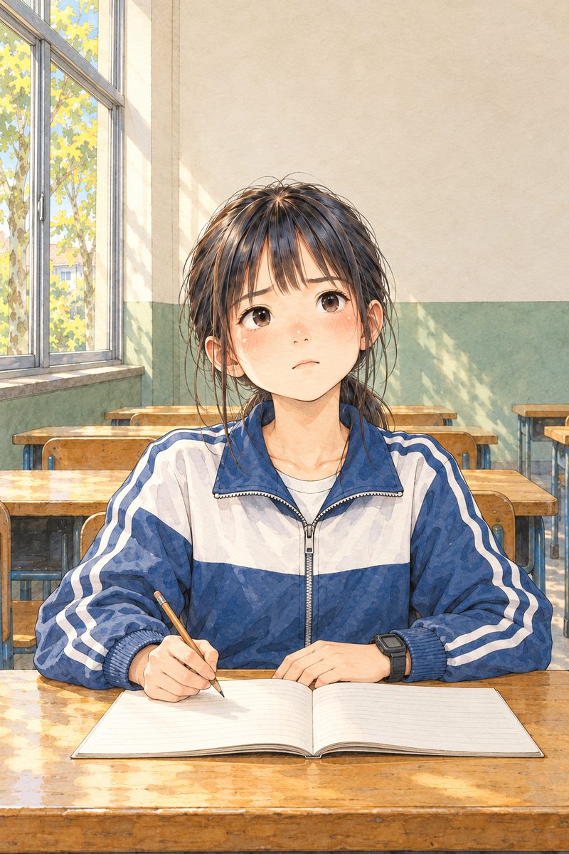 Morning (the same time as the panel before). Xiaoyu sits at her wooden desk in her navy-and-white school tracksuit, a pencil held loosely in her right hand above an empty exercise book, staring up at the board (off panel, ahead of her): lost, overwhelmed, trying not to show it. Her face is in the middle of the panel, NOT in the top quarter. The window light on her cheek; the plain wall behind her is the quiet area.