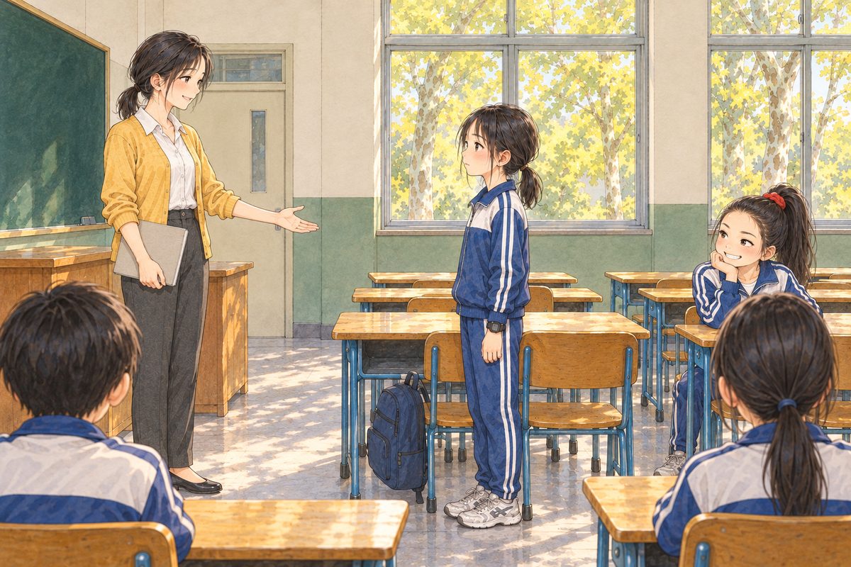 Morning, window light. Teacher Fang stands at the front on the LEFT beside her desk, turned towards the class, one open hand held out towards Xiaoyu, kind and brisk. Xiaoyu has just stood up at her desk in the MIDDLE of the picture, in her navy-and-white tracksuit, hands pressed to her sides, stiff with nerves, looking left at the teacher. Across the aisle on the RIGHT, Lili sits at her own desk, chin on her hand, high ponytail with its red tie, looking left at Xiaoyu with a sharp, curious grin. Two or three other pupils sit as quiet shapes seen from behind, no faces. The plain wall above them is the quiet area. No writing on the board side we see, NOT any poster with words.