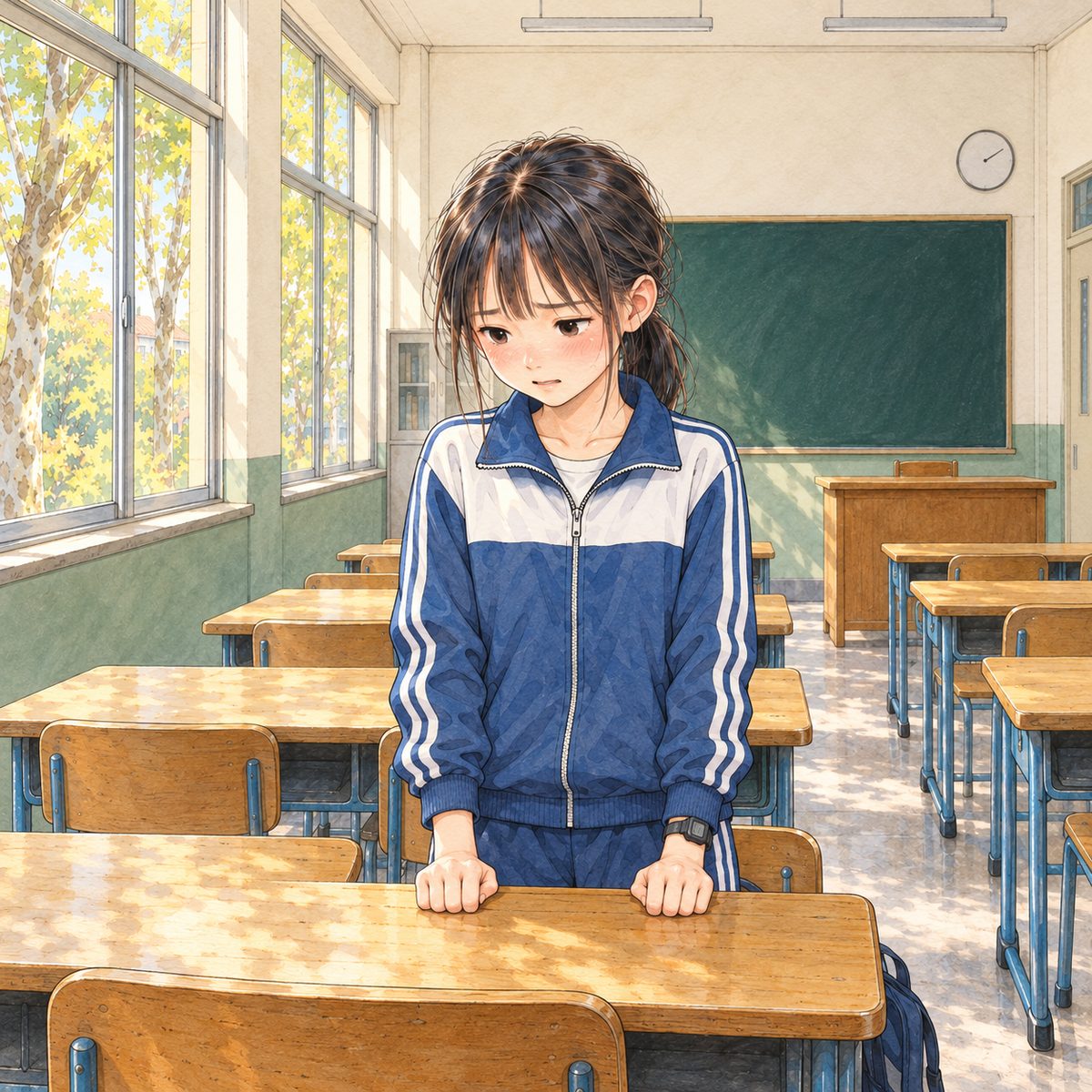 Morning (the same time as the panel before). Xiaoyu stands at her desk, cheeks pink, eyes down, saying her name carefully and getting it wrong; her hands grip the edge of the desk. Her face in the middle of the panel, NOT in the top quarter. Plain wall and window light behind her.