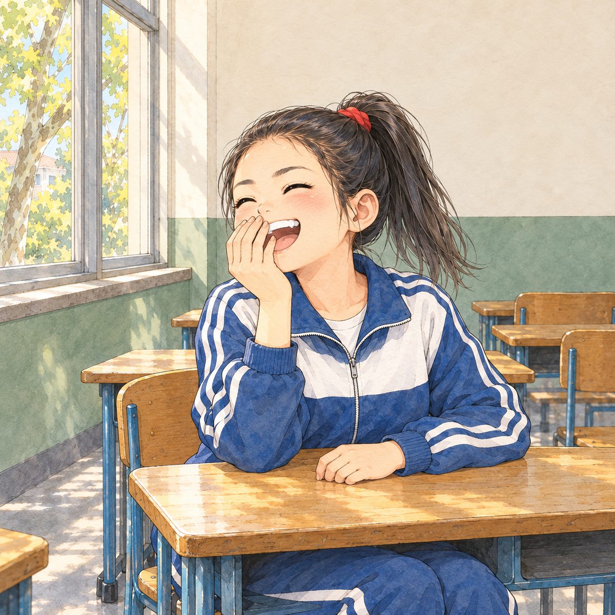 Morning (the same time as the panel before). Lili, at her desk, bursts out laughing, one hand half over her mouth, eyes squeezed with glee, leaning towards the aisle; she looks LEFT, towards Xiaoyu off panel. Her high ponytail with the red tie swings. Her face in the middle of the panel, NOT in the top quarter. Plain wall behind her.