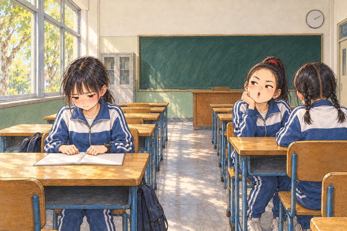 Morning (the same time as the panel before). Xiaoyu has sat down at her desk on the left, head low, face hot and red, staring at her empty exercise book, hurt. Across the aisle on the right, Lili leans to her deskmate (a girl with two short plaits in the same tracksuit, seen from behind, NO face) and mimics Xiaoyu with a silly round mouth, grinning. The window light falls on Xiaoyu. The plain wall above them is the quiet area.