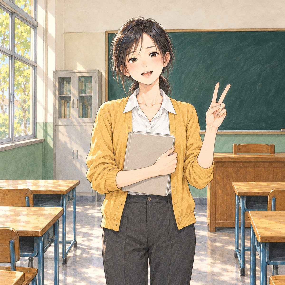 Afternoon, the same first day, softer light. Teacher Fang stands at the front, a textbook held closed against her chest in one arm, the other hand raised with two fingers up as she counts off two things; clear, brisk, kind. Her face in the middle of the panel, NOT in the top quarter. The green board behind her has been wiped to a pale chalky smear, NOT any writing.