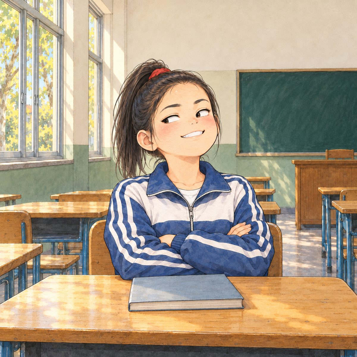 Afternoon (the same time as the panel before). Lili sits back in her chair with her arms folded and her textbook shut on the desk in front of her, chin up, eyes half closed, smug and sure; she glances LEFT towards Xiaoyu off panel. Her face in the middle of the panel, NOT in the top quarter. Plain wall behind.