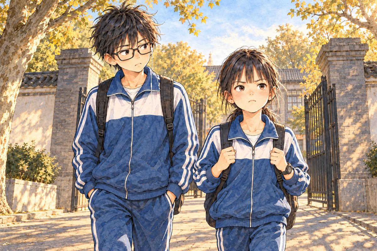 Late afternoon of the same day, low golden sun through the plane trees, long shadows. Xiaoyu and Haoran walk out of the school gate side by side towards us, both in the same navy-and-white school tracksuit, school bags on their backs; Haoran on the LEFT, half a head taller, his one wired earbud in his LEFT ear (on the viewer's right as he faces us), glasses on; Xiaoyu on the RIGHT. Xiaoyu walks fast, fists tight on her bag straps, jaw set, eyes ahead: stubborn and stung. Haoran looks down at her sideways, doubtful, eyebrows up. The gateposts and trees behind them; the sky is the quiet area. No other people near, NOT a crowd. No writing anywhere.