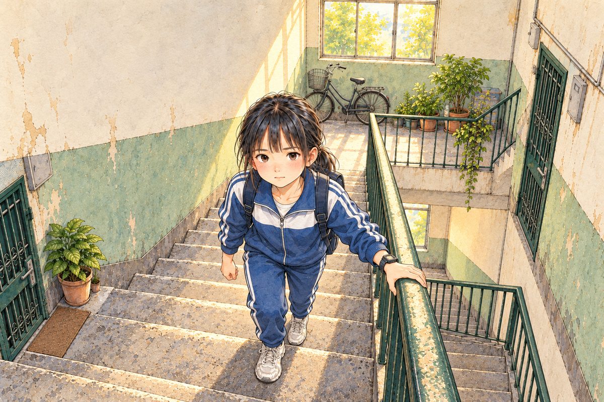 Late afternoon (the same time as the panel before), warm light from the high window. Xiaoyu climbs the worn concrete stairs alone towards Grandpa's landing, school bag on her back, one hand on the rail, head up, determined; we look down on her from above. The bicycle and pot plants on the landing below her. The plain stair wall is the quiet area. No other people.