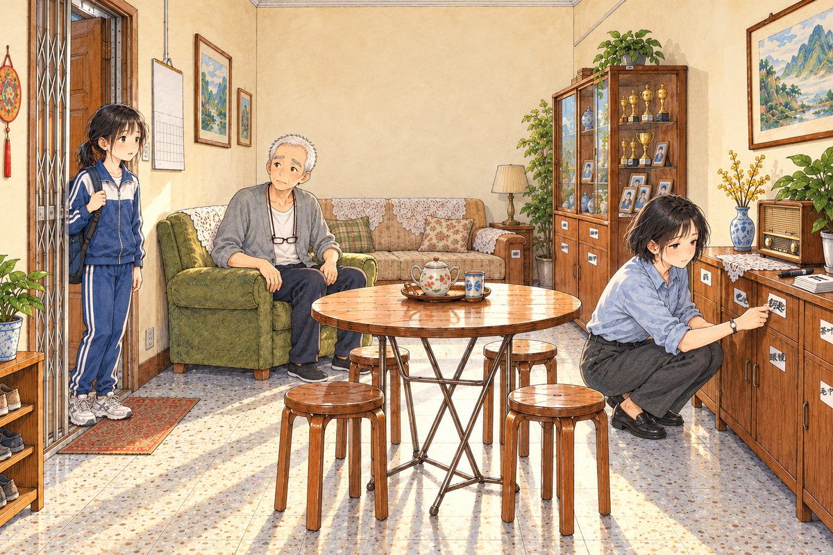 Late afternoon, warm sun across the terrazzo floor. Mama, in her pale blue-grey blouse, crouches at the low wooden cabinet under the old radio, pressing a white paper label onto the front of its top drawer with her thumb; a fat black marker pen and a little stack of more labels lie on the cabinet top. Every drawer and cupboard in sight already has a white paper label stuck on it, the labels covered in thick black marker scribble, NOT readable. Grandpa sits in his olive-green armchair beside her, watching, puzzled and polite, his glasses on the cord at his chest. Xiaoyu has just come in through the front door on the left, still in her school tracksuit, school bag on one shoulder, looking round at all the labels in surprise. The plain cream wall above is the quiet area. Only these three.
