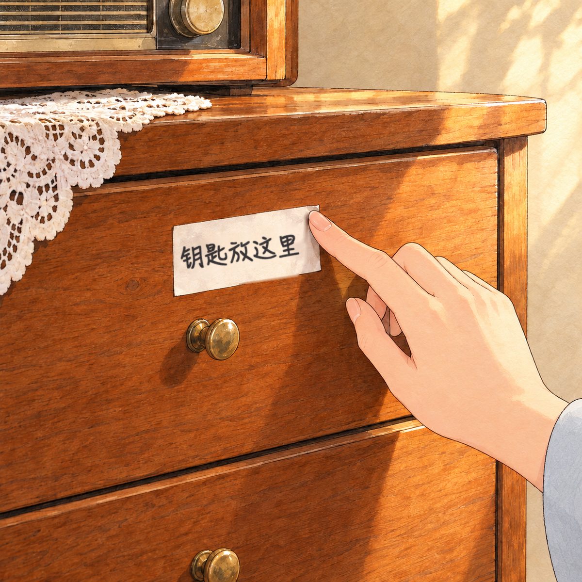 Late afternoon (the same time as the panel before). Close on the top drawer of the low wooden cabinet, its small brass handle, and the white paper label stuck on it, with thick black marker scribble on it, NOT readable. Mama's hand smooths the label's corner flat with one finger. The wood grain and soft shadow around it are quiet.