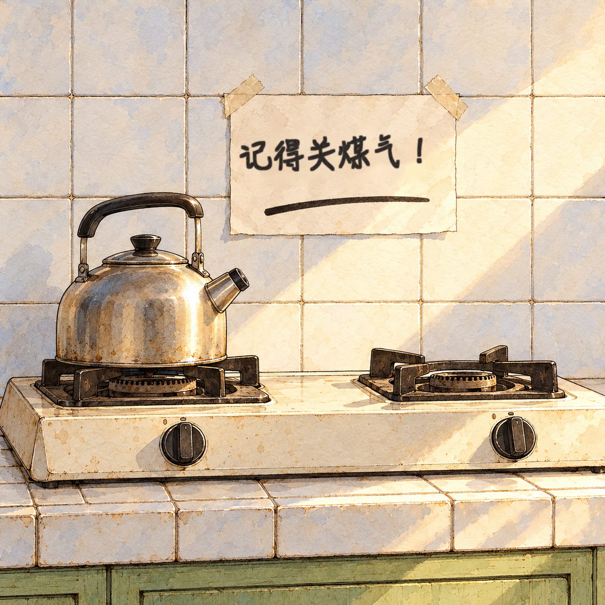 Late afternoon (the same time as the panel before). Close on the small two-ring gas stove in Grandpa's tiny kitchen, the gas knob at the front, and a white paper label taped to the white tiles just above it, with a big black marker scribble and a thick black underline, NOT readable. A kettle sits on one ring, cold. Plain white tiles around it.