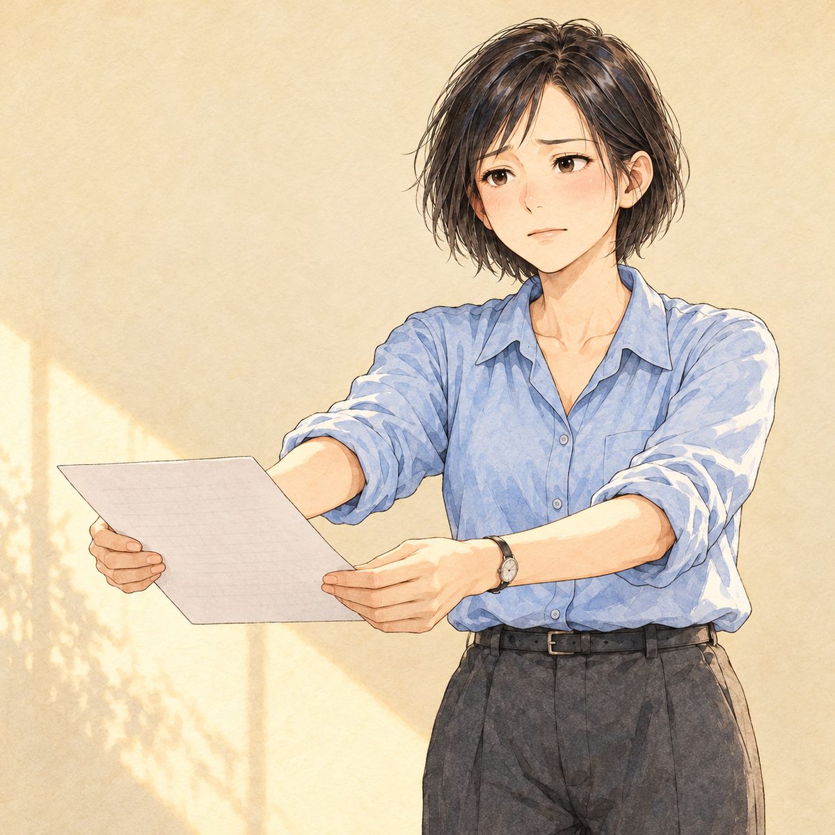 Late afternoon (the same time as the panel before). Mama, standing now, holds out one sheet of paper with both hands towards Xiaoyu, who is off panel to the LEFT; the sheet faces Xiaoyu, so we see only its plain back with a faint printed grid showing through, NOT readable. Mama looks left at her, tired, determined, meaning well. Her face in the middle of the panel. Plain wall behind.