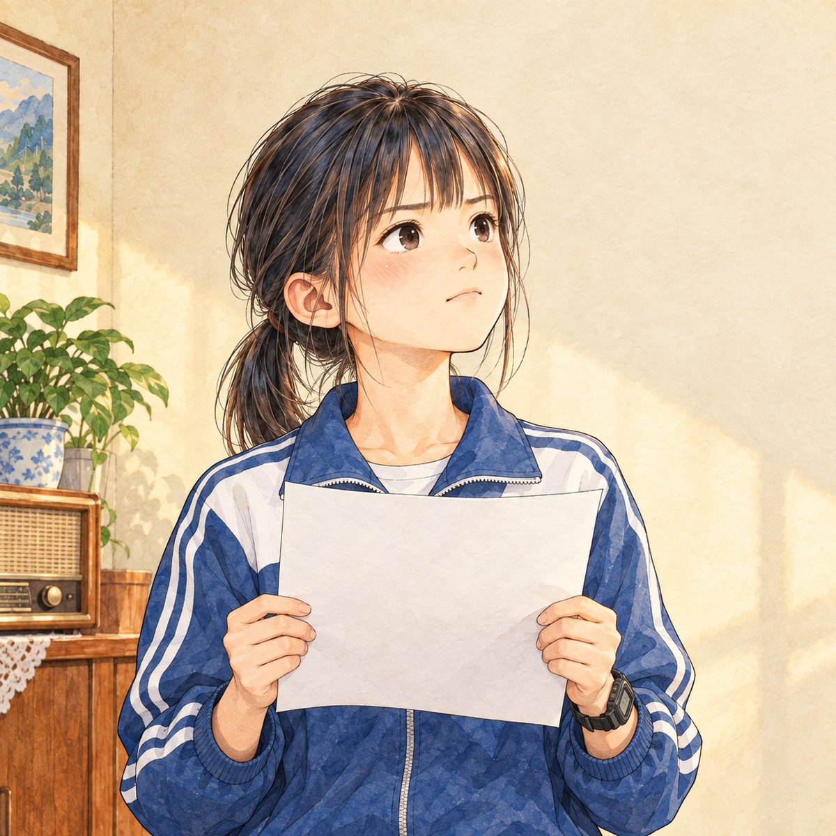 Late afternoon (the same time as the panel before). Xiaoyu holds the stroke-order table in both hands at her chest, the printed side FACING HER, so we see only its plain back, NOT readable; she looks up and to the RIGHT at Mama off panel, chin up, resolved. Her face in the middle of the panel. Plain wall behind.