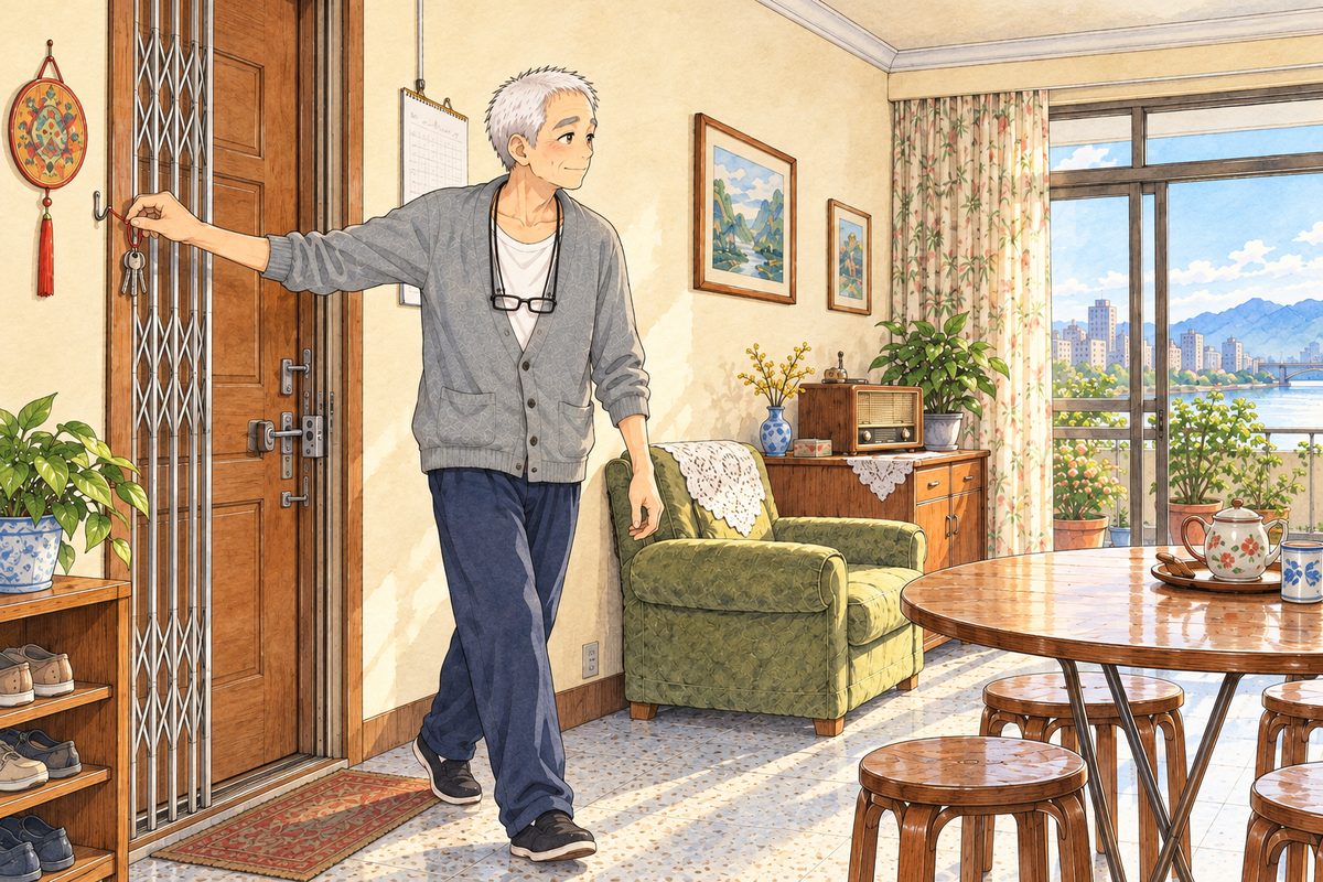Early next morning, pale light through the balcony doors. Grandpa, in his grey cardigan, has just come in from his morning walk and hangs his small ring of three keys on a red string on an old iron hook beside the front door frame, at his own shoulder height, without looking, the way he has for forty years. He walks right past the low wooden cabinet with its white label on the top drawer (marker scribble, NOT readable), not even glancing at it. His face is calm and ordinary. The keys on the hook are the clearest thing. The plain wall above is the quiet area. Only Grandpa.