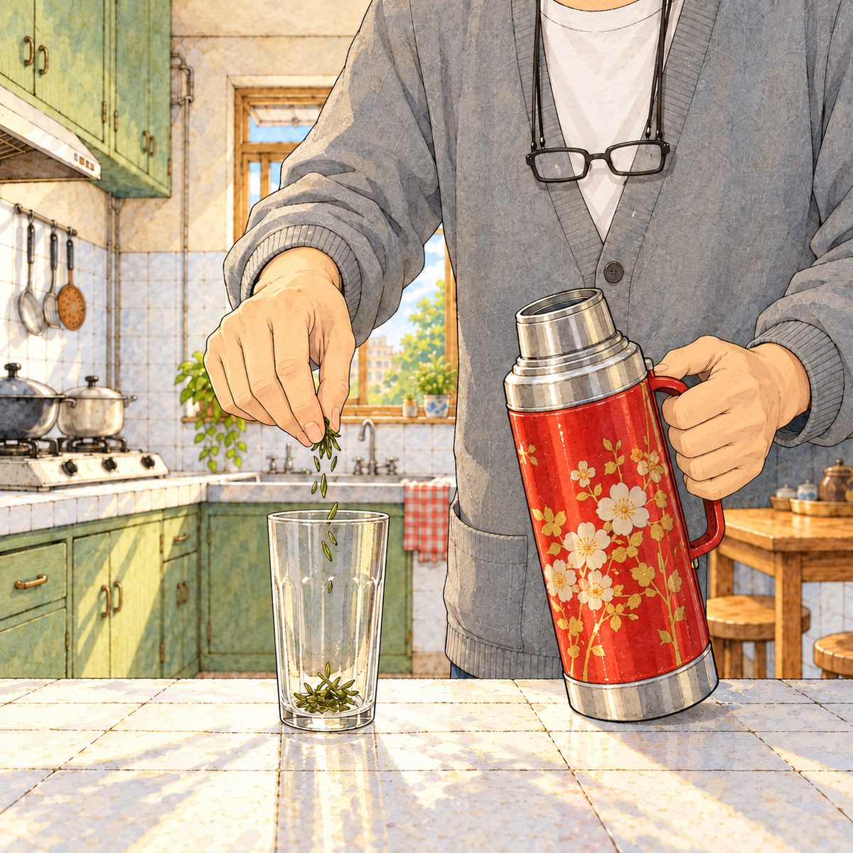 Morning (the same time as the panel before). Grandpa's old hands at the kitchen counter: one hand drops a small pinch of green tea leaves into a tall clear drinking glass, the other holds the red-and-gold flowered thermos flask by its handle, ready to pour; every move sure and easy. His face is out of frame above. The plain white tiles behind are quiet.