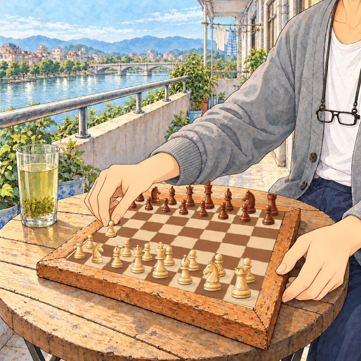 Morning (the same time as the panel before), daylight on the balcony, the river pale behind. Grandpa's big hands set the last cream pawns in their row on the Western 8 by 8 chessboard on the small folding table, quick and exact, the other pieces already standing on their squares in the real chess starting position: an 8 by 8 board with a LIGHT square in each player's right-hand corner; the dark pieces fill only the two far rows (back row rook, knight, bishop, queen, king, bishop, knight, rook; front row eight dark pawns), the cream pieces fill the two near rows the same way, exactly one piece on each of those squares, every piece standing inside a square, none on the frame or off the board, the four middle rows empty. His tall glass of pale green tea stands beside the board on the table, NOT held. His face is out of frame above. The pale sky over the river is the quiet area.