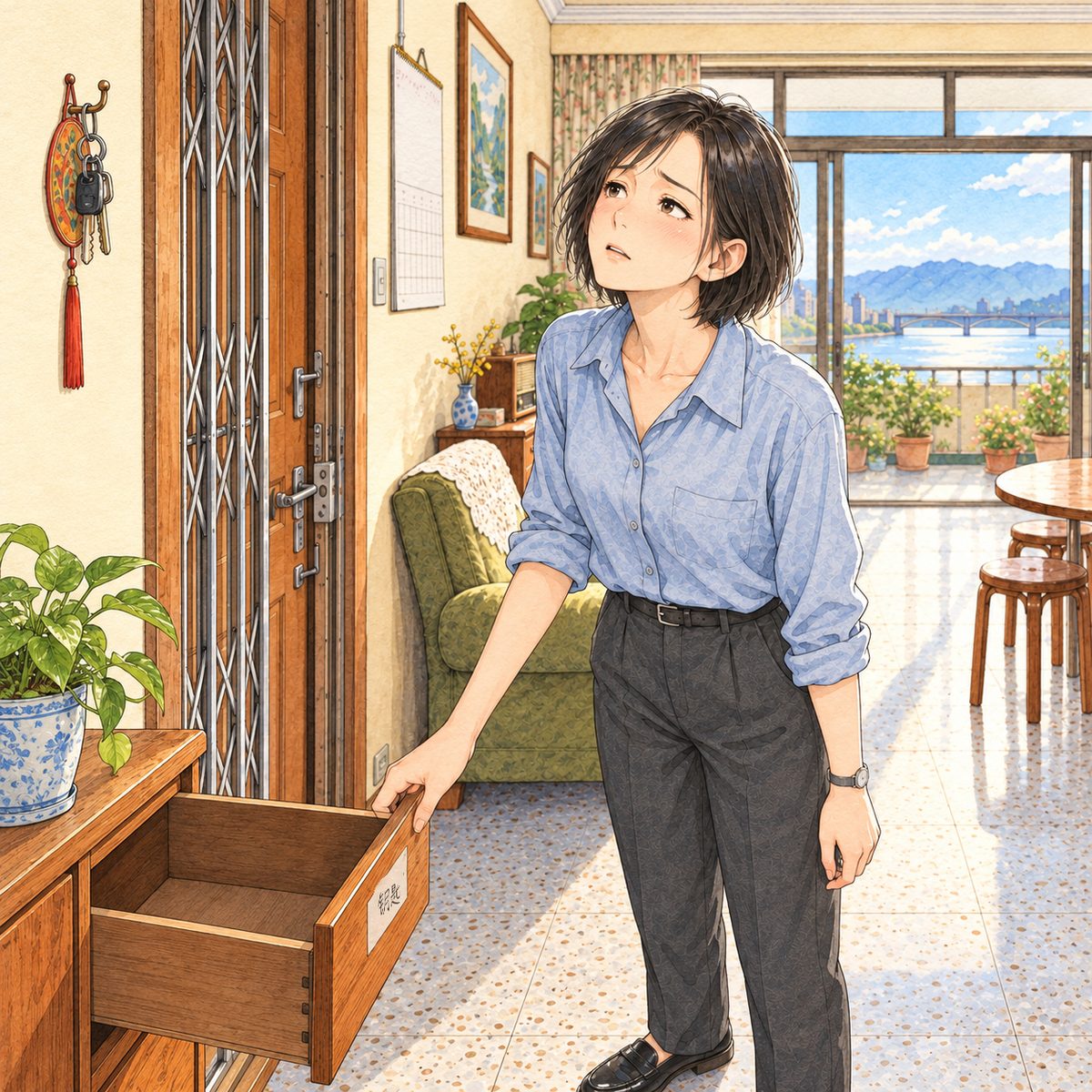 Morning (the same time as the panel before). Mama stands by the front door holding open the empty labelled drawer of the low cabinet with one hand, and looks up at the keys hanging on the old iron hook beside the door: a long, tired sigh, half fond, half defeated. Plain wall behind.