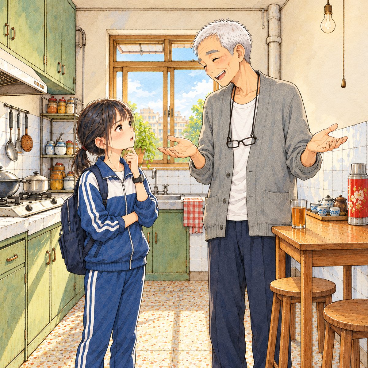 Morning (the same time as the panel before). Xiaoyu, already in her navy-and-white school tracksuit, stands on the left and asks Grandpa a question, looking right up at him, curious. Grandpa on the right, his tall glass of tea now standing on the counter, laughs and shrugs with both open hands, eyes twinkling, a little puzzled by the question. Xiaoyu reaches his chest. Plain tiles behind them; the small window is the quiet area.