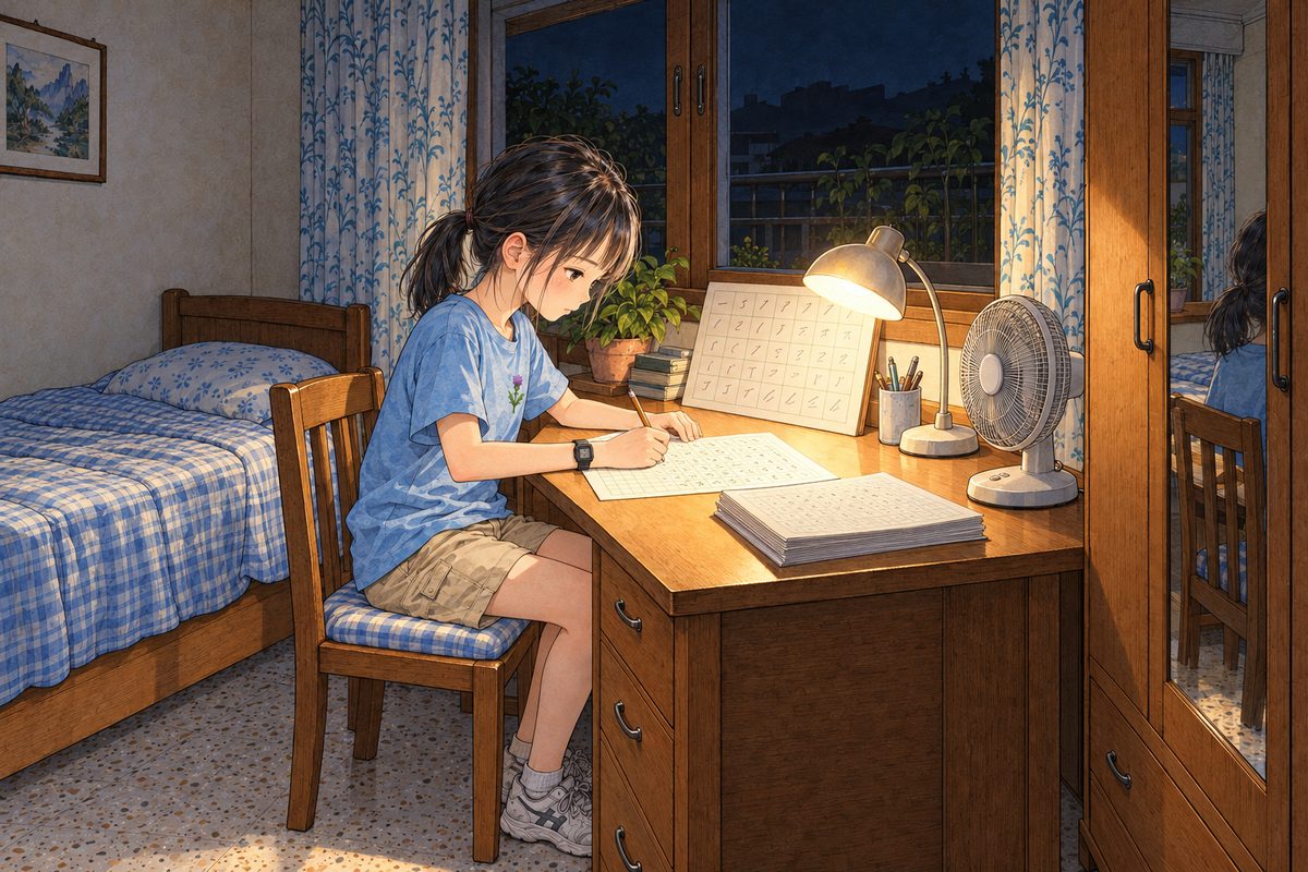 Night, the desk lamp the only light. Xiaoyu, in her faded sky-blue thistle t-shirt, sits at the small desk under the window with the stroke-order table propped against the wall in front of her (a printed grid of small boxes, NOT readable) and a sheet of squared practice paper (white with a pale green grid of squares) under her right hand, already half full of rows of small pencil characters drawn as scribble strokes, NOT readable. A neat stack of finished sheets beside her. She writes, upright, careful, determined. The dark window above the desk is the quiet area.
