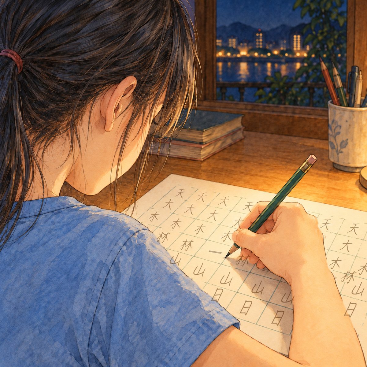 Night (the same time as the panel before). Close over her shoulder (faded sky-blue t-shirt sleeve) onto her right hand writing one character into one green square, the pencil held properly, the stroke half drawn. The marks are pencil scribble strokes only, NOT readable characters. The lamp lights the paper; the rest is dark and quiet.