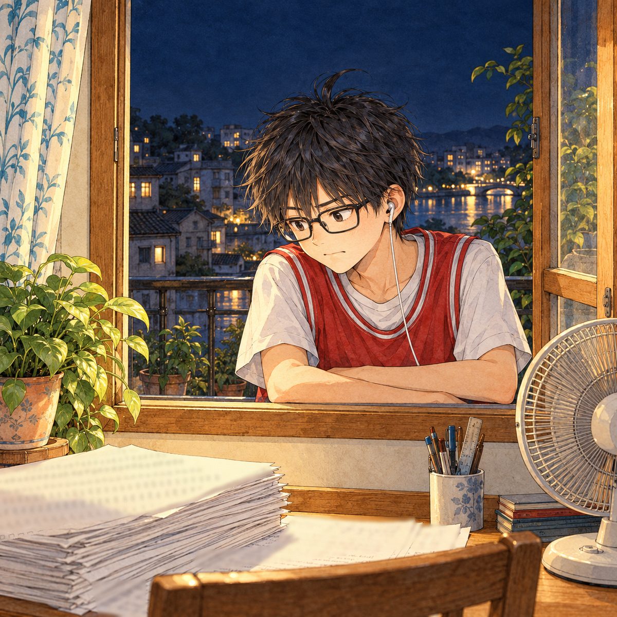 Night (the same time as the panel before). We are inside Xiaoyu's room. Outside on the shared balcony, Haoran, in his red basketball vest over a white t-shirt (home clothes), leans his forearms on the windowsill of her open window, head and shoulders in the frame, one wired earbud in his LEFT ear (on the viewer's right); he peers at the stack of practice sheets on her desk, impressed and a little doubtful. He looks LEFT and down towards her. The dark sky over the city lights is the quiet area.