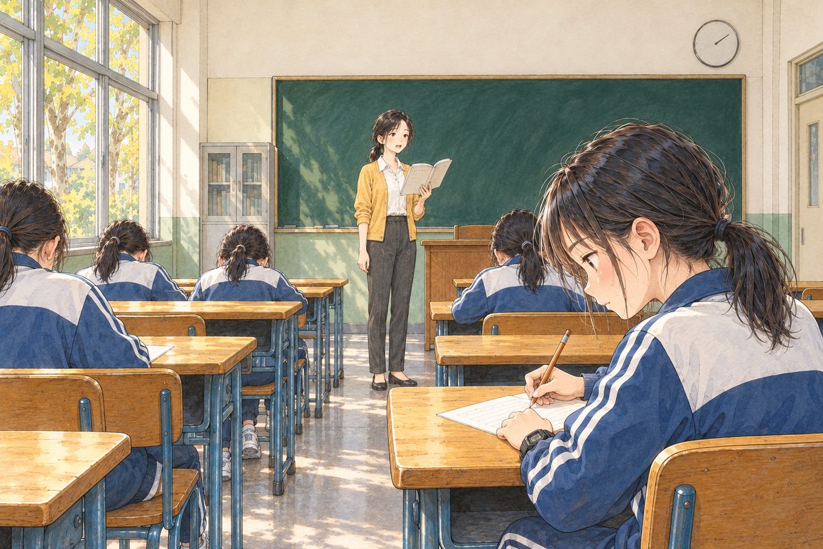 Friday morning in mid-September, window light. Dictation. Teacher Fang stands at the front, facing the class, reading aloud from an open textbook held in one hand, calm and clear. In the near ground on the right, Xiaoyu sits at her desk in her tracksuit with a pencil over a dictation sheet (white with pale lines), seen from behind and a little to the side, her face in profile, shoulders tense. A few other pupils' backs bent over their desks, quiet shapes. The plain wall above the board is the quiet area. NOT any readable writing.