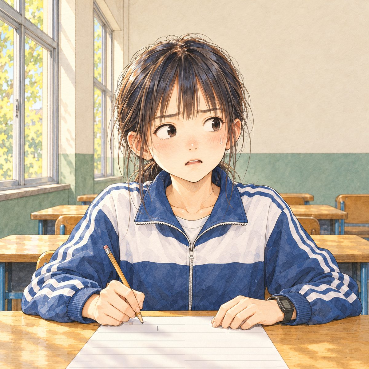 Friday morning (the same time as the panel before). Xiaoyu sits frozen over her dictation sheet, pencil stopped in the air, eyes wide and darting, a bead of sweat at her temple: panic. Her face in the middle of the panel, NOT in the top quarter. Plain wall behind.